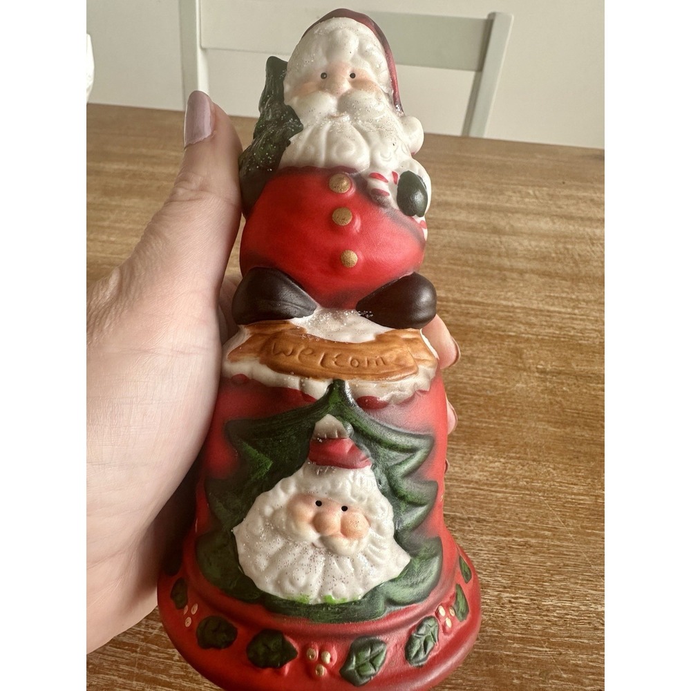Santa Claus Bell Welcome Christmas Standing Holding Tree Ceramic 6'' New - Picture 2 of 5
